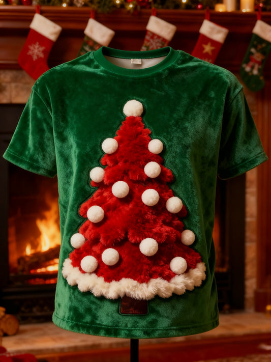 Vintage Christmas Trees Print Plush Short-Sleeved T-Shirt