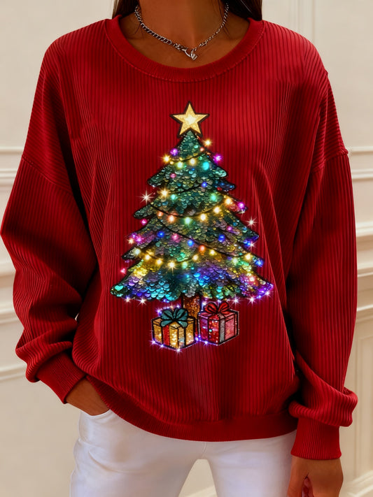 Retro Christmas Sequinned Christmas Tree Printed Casual Loose Long Sleeve Top