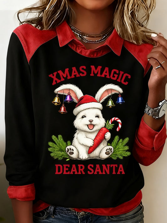 Women's  Retro Christmas Cute Rabbit Print Casual Top
