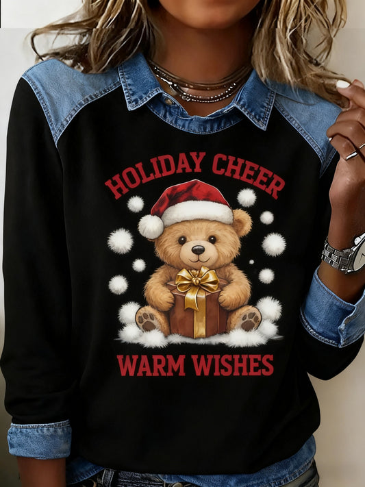 Women's  Retro Christmas Bear Gift  Print Casual Top