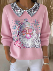Women’s Funny Christmas Santa Art Printed Tops Light Pink / S