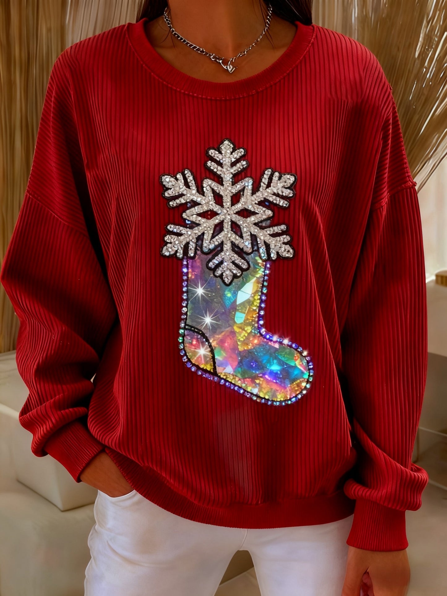 Retro Christmas Sequin Sock Snowflake Printed Casual Loose Long Sleeve Top