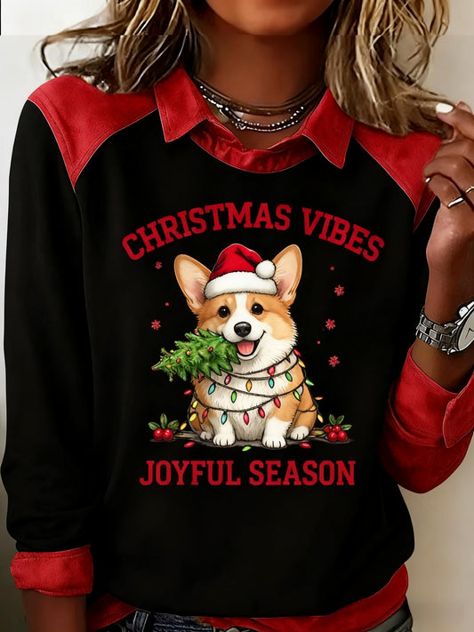 Women's  Vintage Christmas Cute Little Dog Corgi Print Casual Top