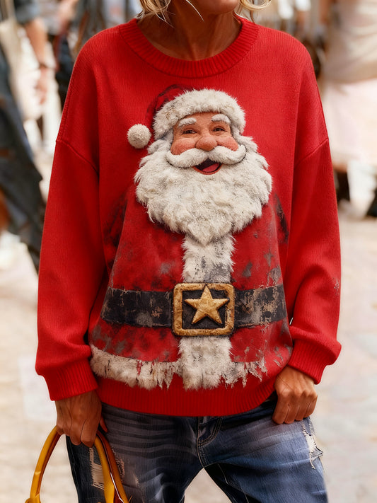 Women's Vintage Christmas Art Print Cozy Knit Sweater