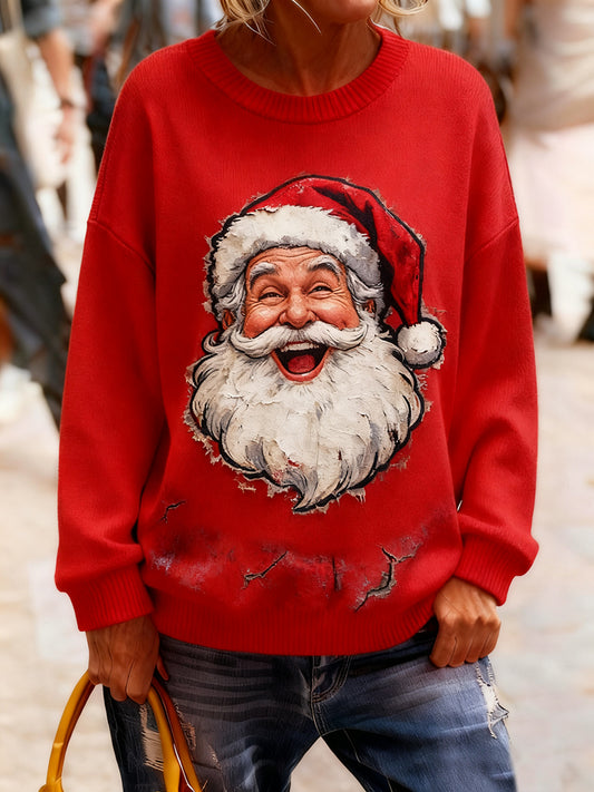 Women's Vintage Christmas Art Print Cozy Knit Sweater