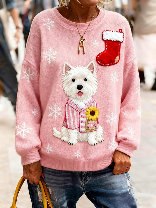 Women's Vintage Christmas Art Print Cozy Knit Sweater