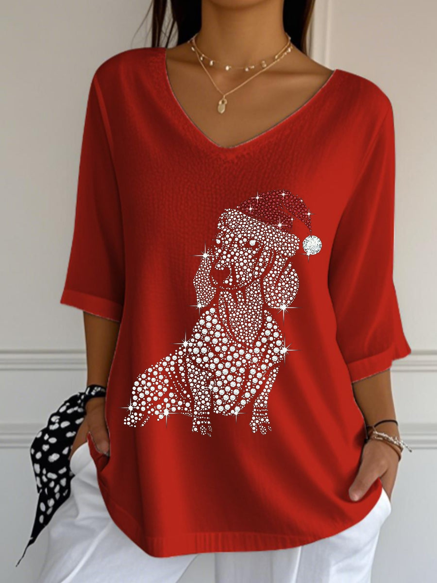 Women's Christmas Diamond Dachshund V-neck Short Sleeve T-shirt