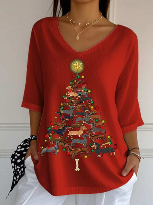 Women's Christmas Dachshund Christmas Tree V-Neck Half-Sleeve T-Shirt