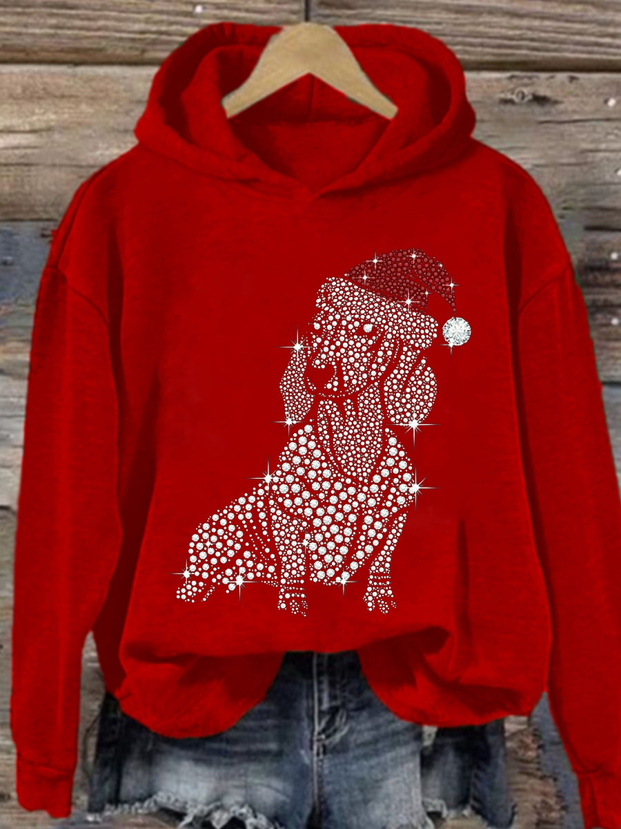 Women's Christmas Dachshund Rhinestone Hooded Sweatshirt