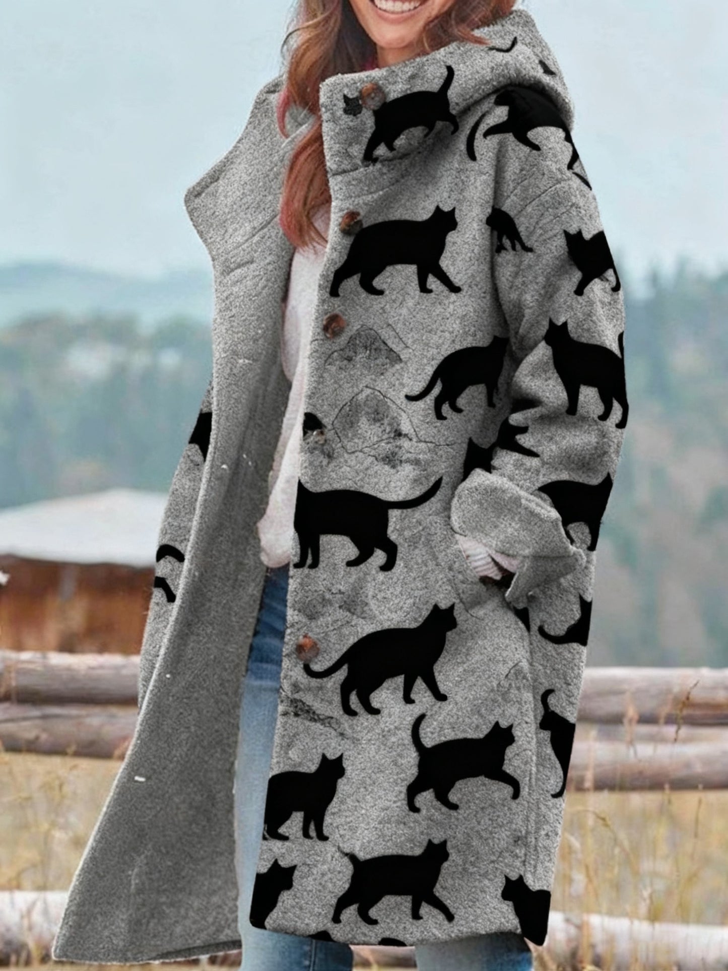Women's Retro Animal Cat Printed Coat