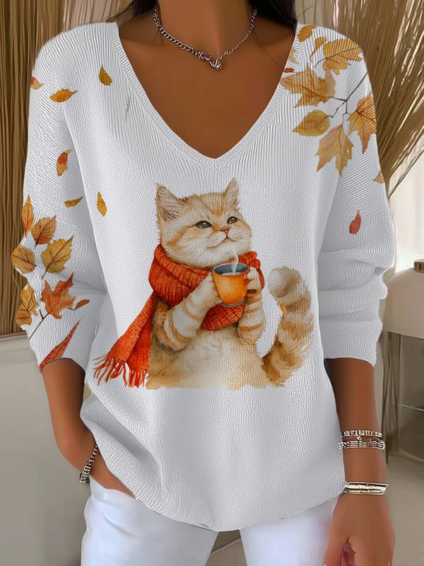 Women's  autumn cat V-Neck Ribbed Top