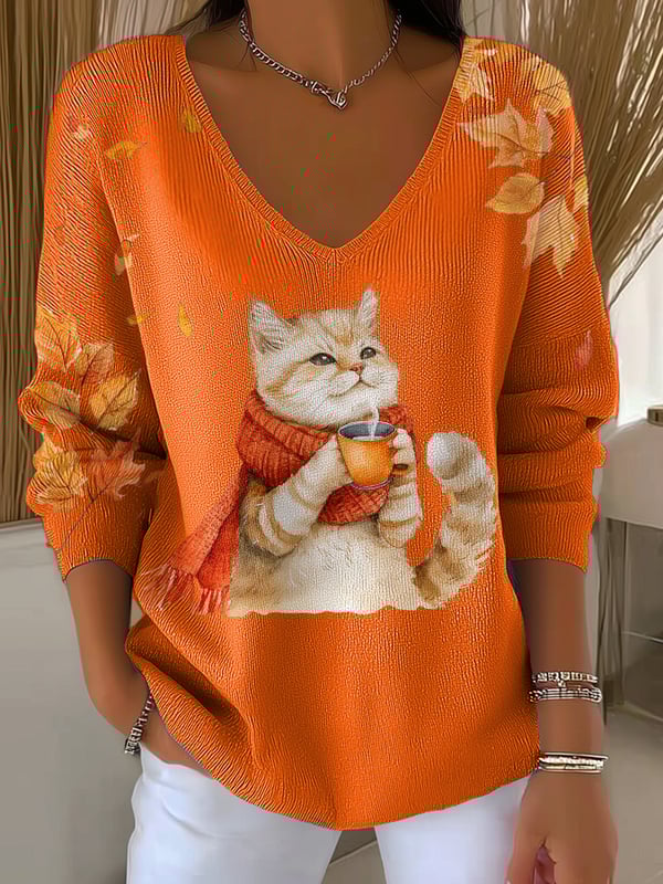 Women's  autumn cat V-Neck Ribbed Top