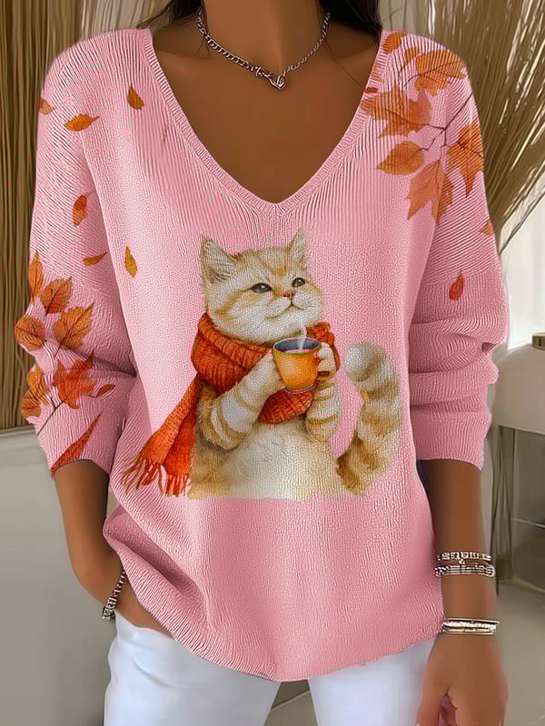 Women's  autumn cat V-Neck Ribbed Top