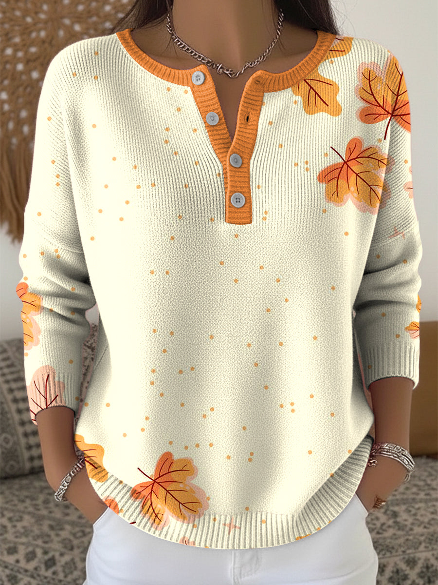 Women's Thanksgiving Abstract Autumn Leaf Art V-Neck Top