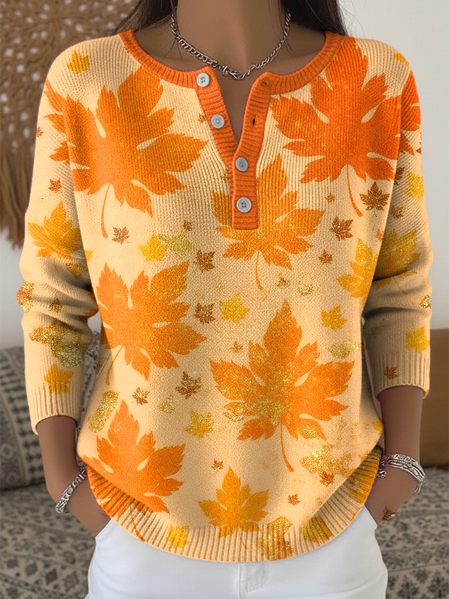 Women's Thanksgiving Abstract Maple Leaf Art V-Neck Top