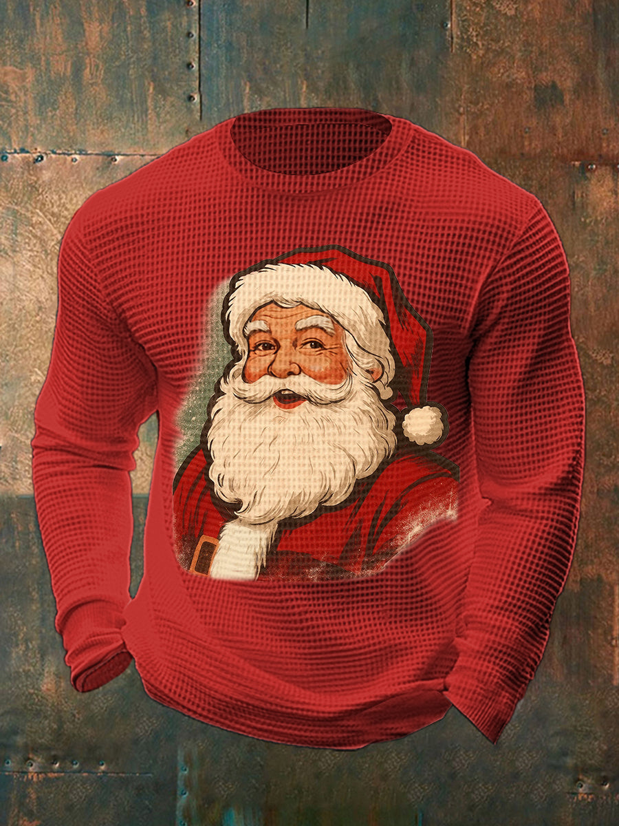 Men's Christmas Santa Claus Print Casual Waffle Long Sleeve Top