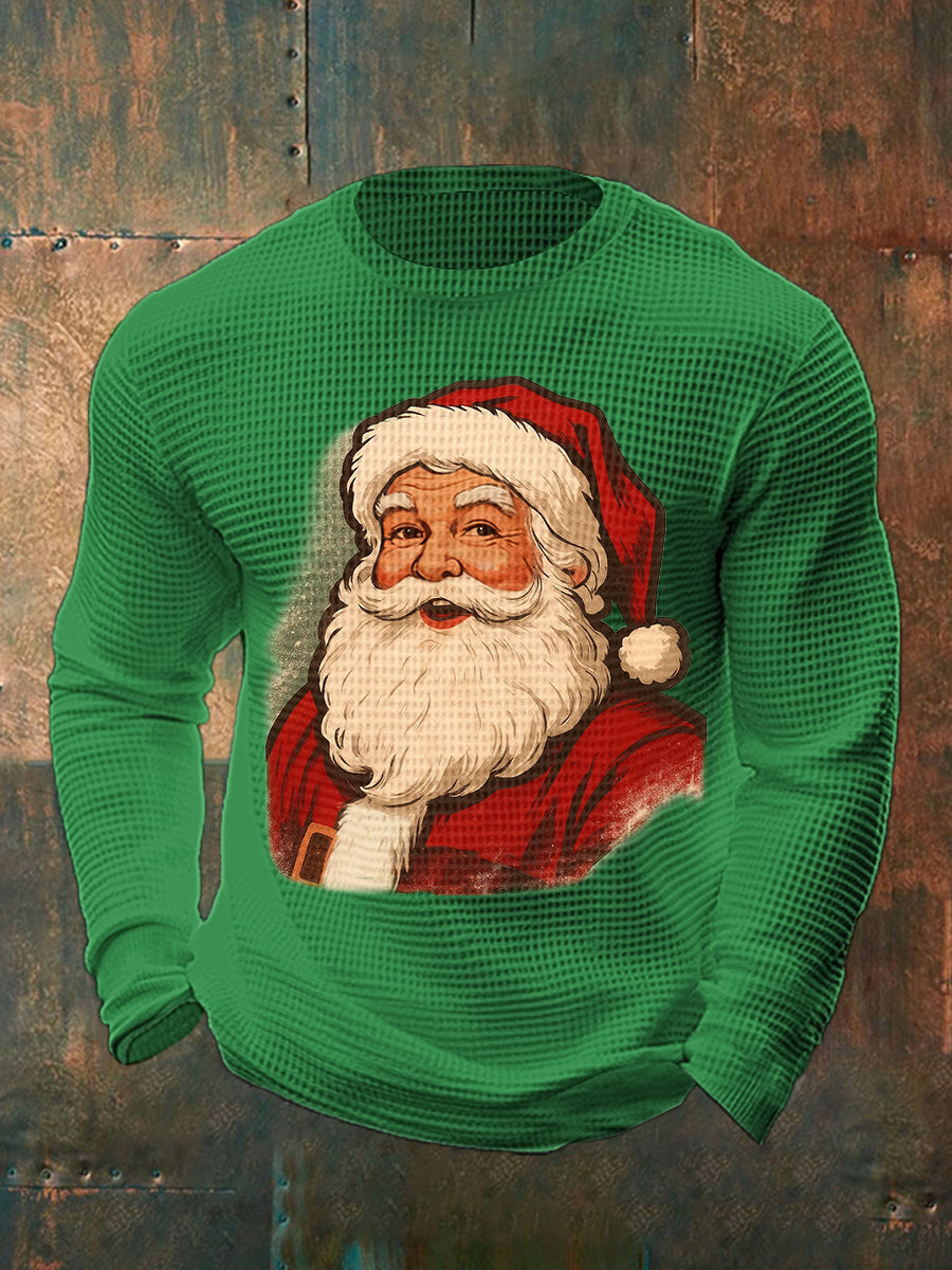 Men's Christmas Santa Claus Print Casual Waffle Long Sleeve Top