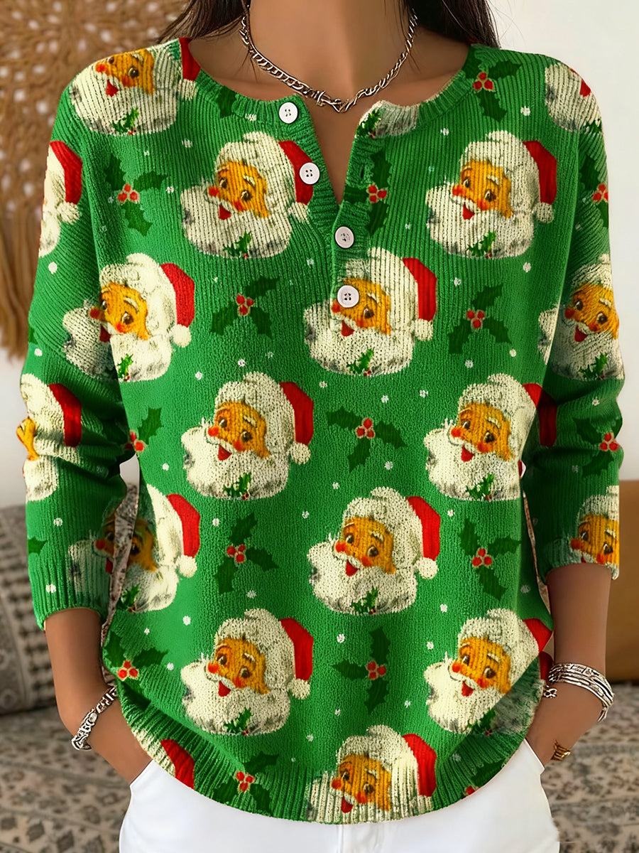 Women's Christmas Santa Claus Print Button Top