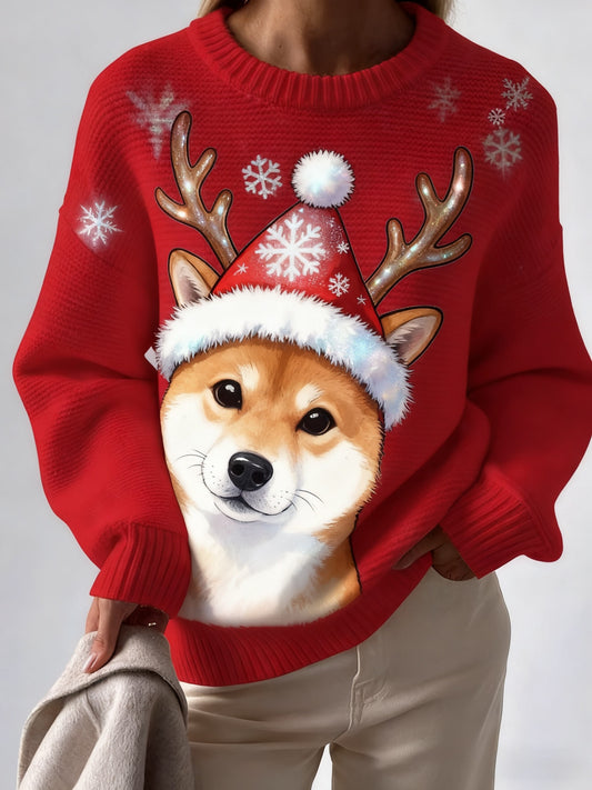 Retro Christmas Cute Dog Printed Crew-Neck Retro Fashion Loose Long Sleeved Knitwear