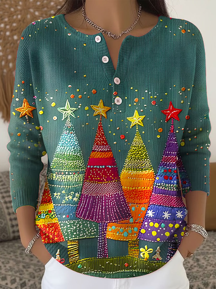 Women's Christmas Tree Print  Button Top