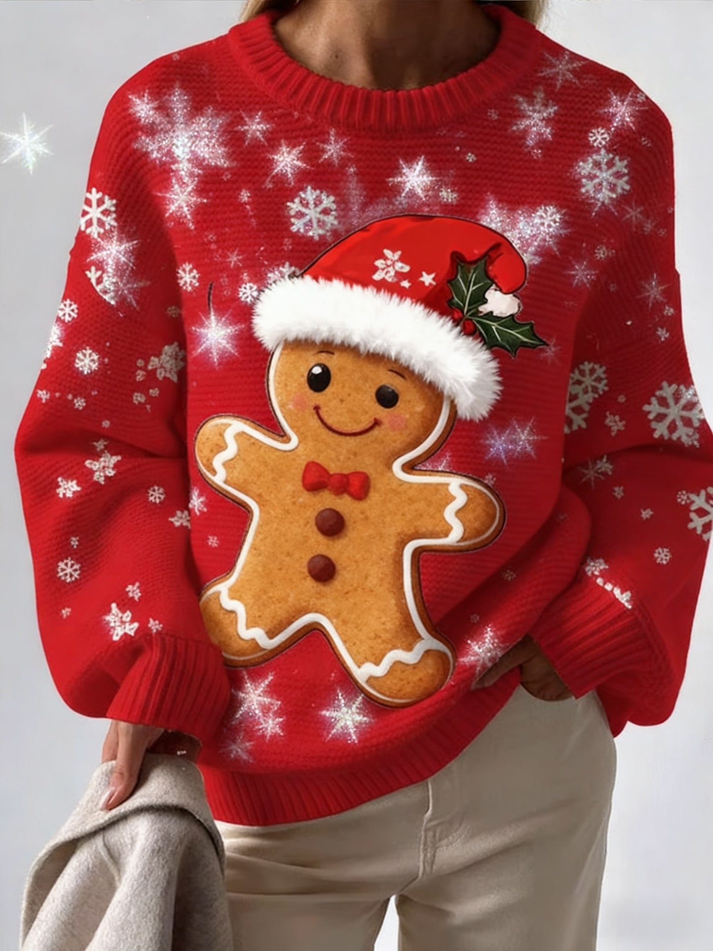 Vintage Christmas Gingerbread Man Printed Crew-Neck Retro Fashion Loose Long Sleeved Knitwear