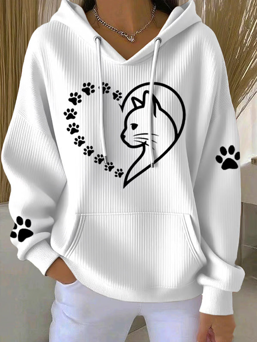 Women's Cute Cat Paws Heart Print Cat Lovers Casual Hoodie