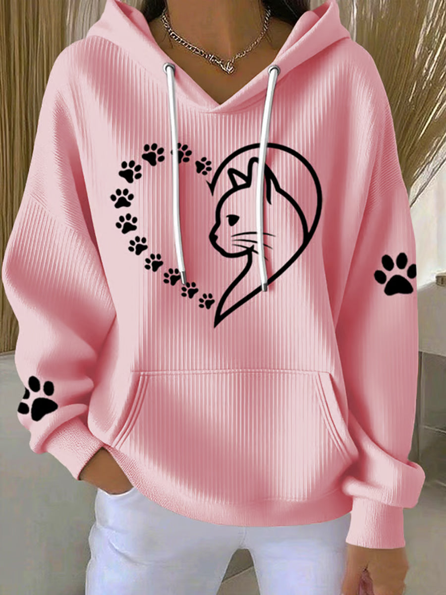 Women's Cute Cat Paws Heart Print Cat Lovers Casual Hoodie