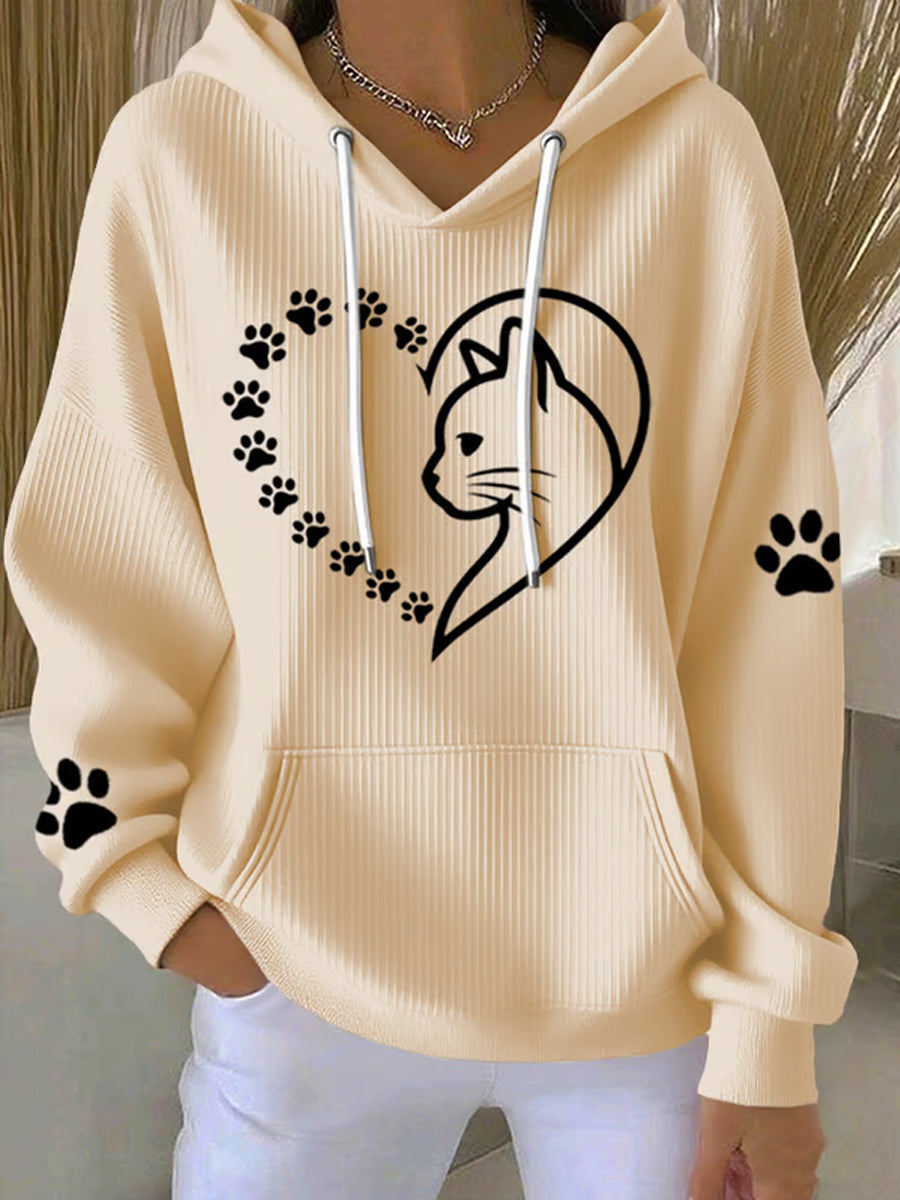 Women's Cute Cat Paws Heart Print Cat Lovers Casual Hoodie