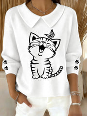 Women’s Cute Cat Print Cat Lovers Cat Mom Gift Casual Baby Doll Collar Top White / S