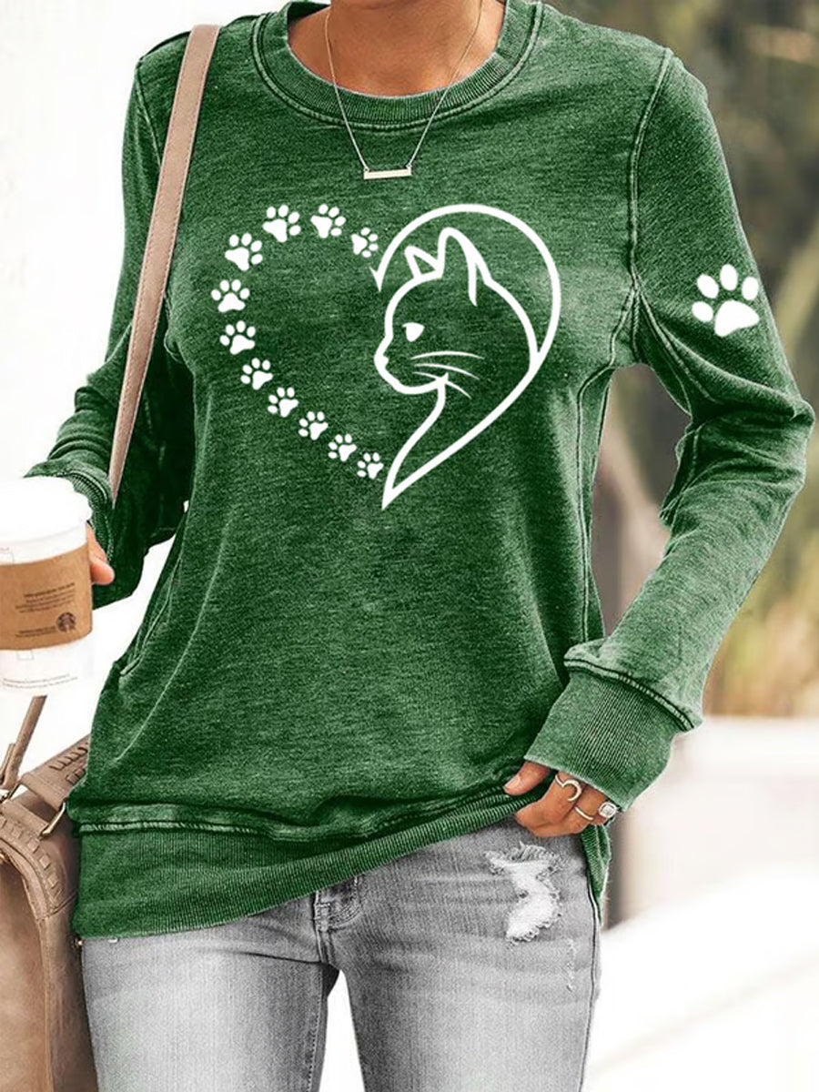 Women's Cute Cat Paws Heart Print Cat Lovers Casual Sweatshirt