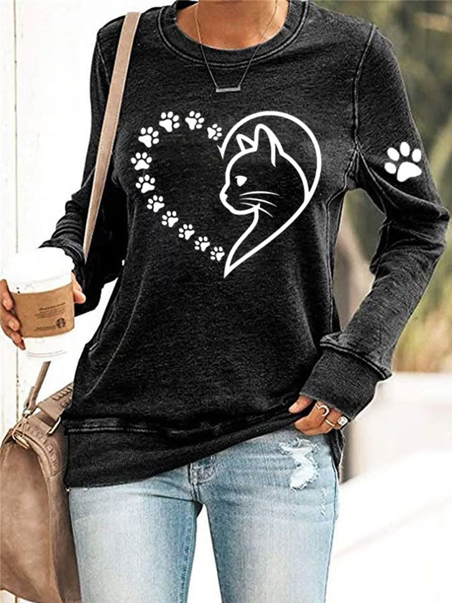 Women's Cute Cat Paws Heart Print Cat Lovers Casual Sweatshirt