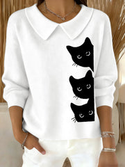 Women’s Funny Cat Print Cat Lovers Casual Baby Doll Collar Top White / S