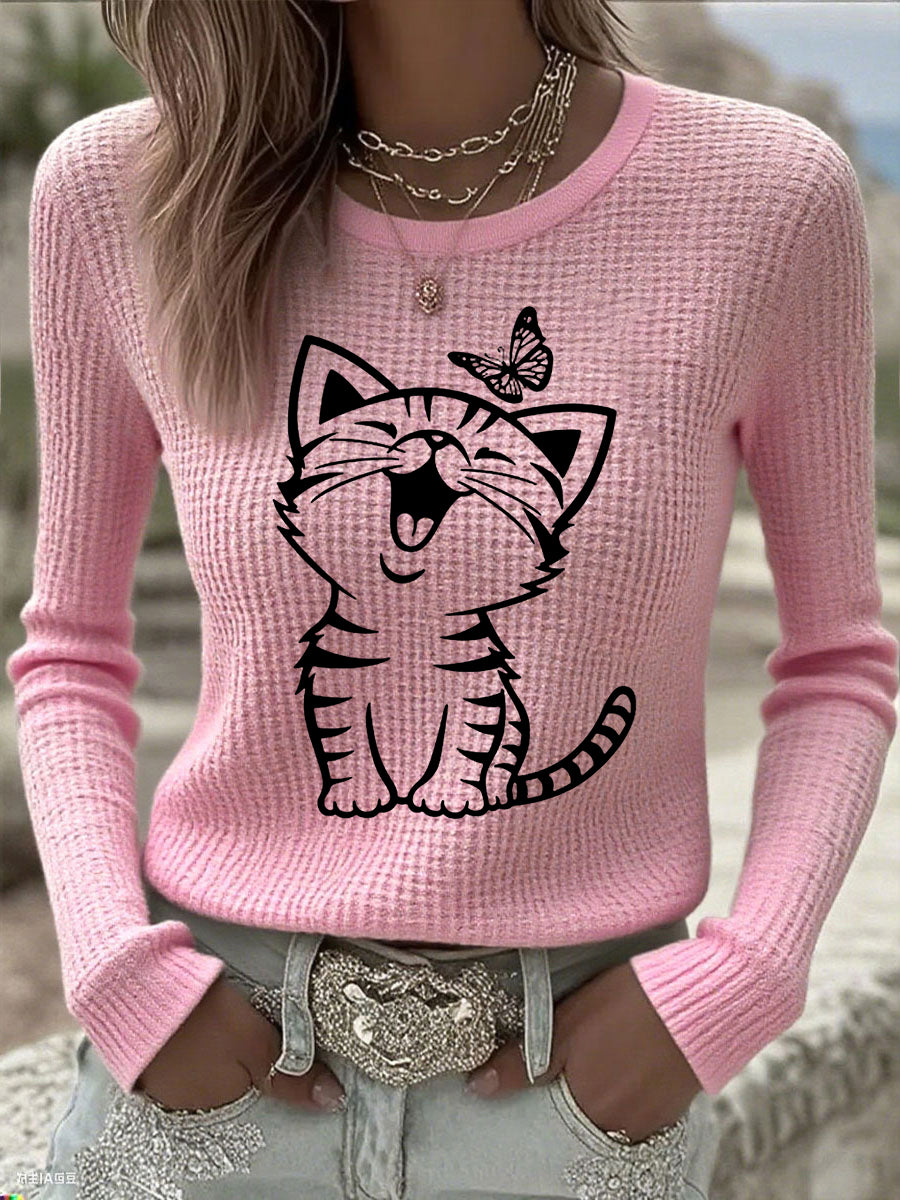 Women's Cute Cat Print Cat Lovers Casual Long Sleeve Waffle Top