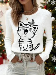 Women’s Cute Cat Print Cat Lovers Casual Long Sleeve Waffle Top White / S