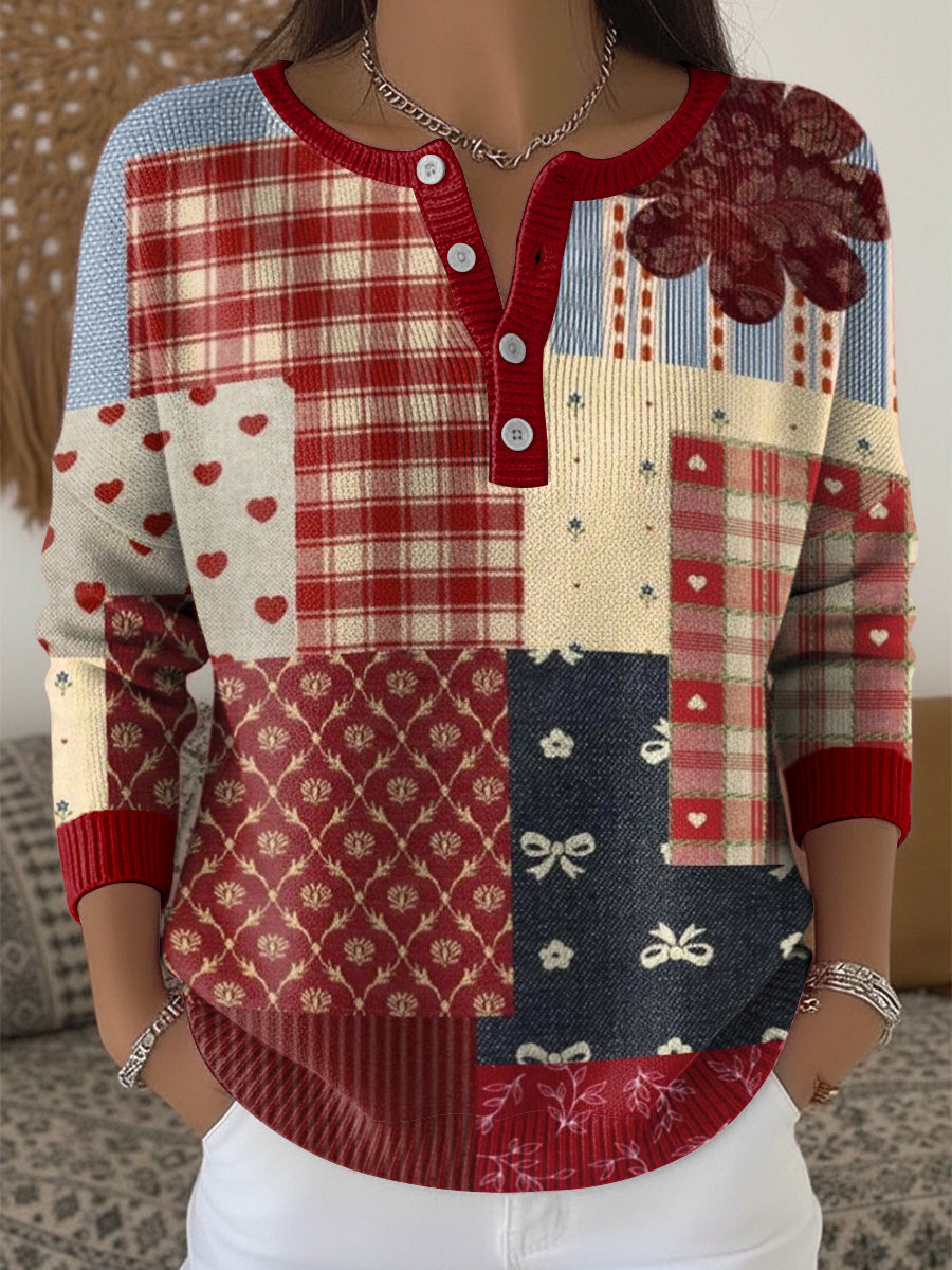 Women's Christmas Patchwork Art V-Neck Top