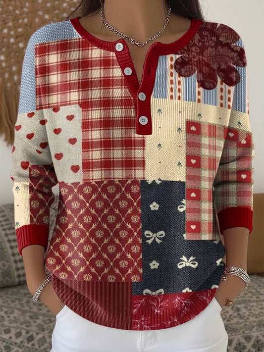 Women's Christmas Patchwork Art V-Neck Top