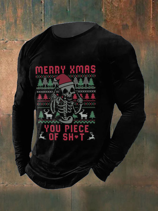 Men's Gothic Christmas Printed Long Sleeved Round Neck T-shirt