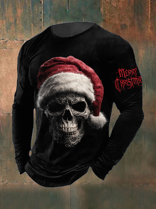 Men's Gothic Santa Claus Printed Long Sleeved Round Neck T-shirt