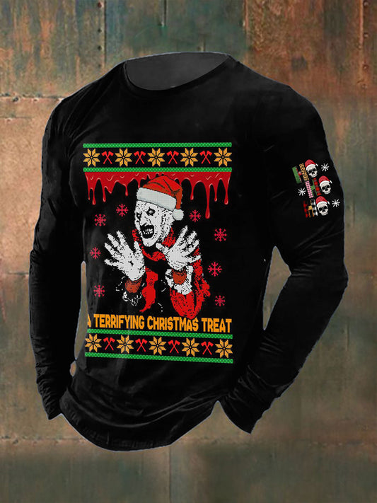 Men's Gothic Christmas Printed Long Sleeved Round Neck T-shirt