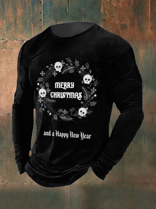 Men's Gothic Christmas Printed Long Sleeved Round Neck T-shirt