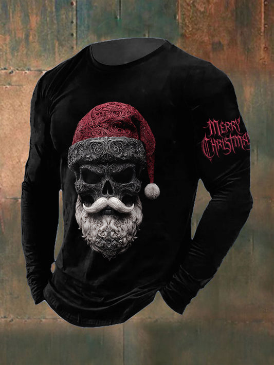Men's Gothic Santa Claus Printed Long Sleeved Round Neck T-shirt