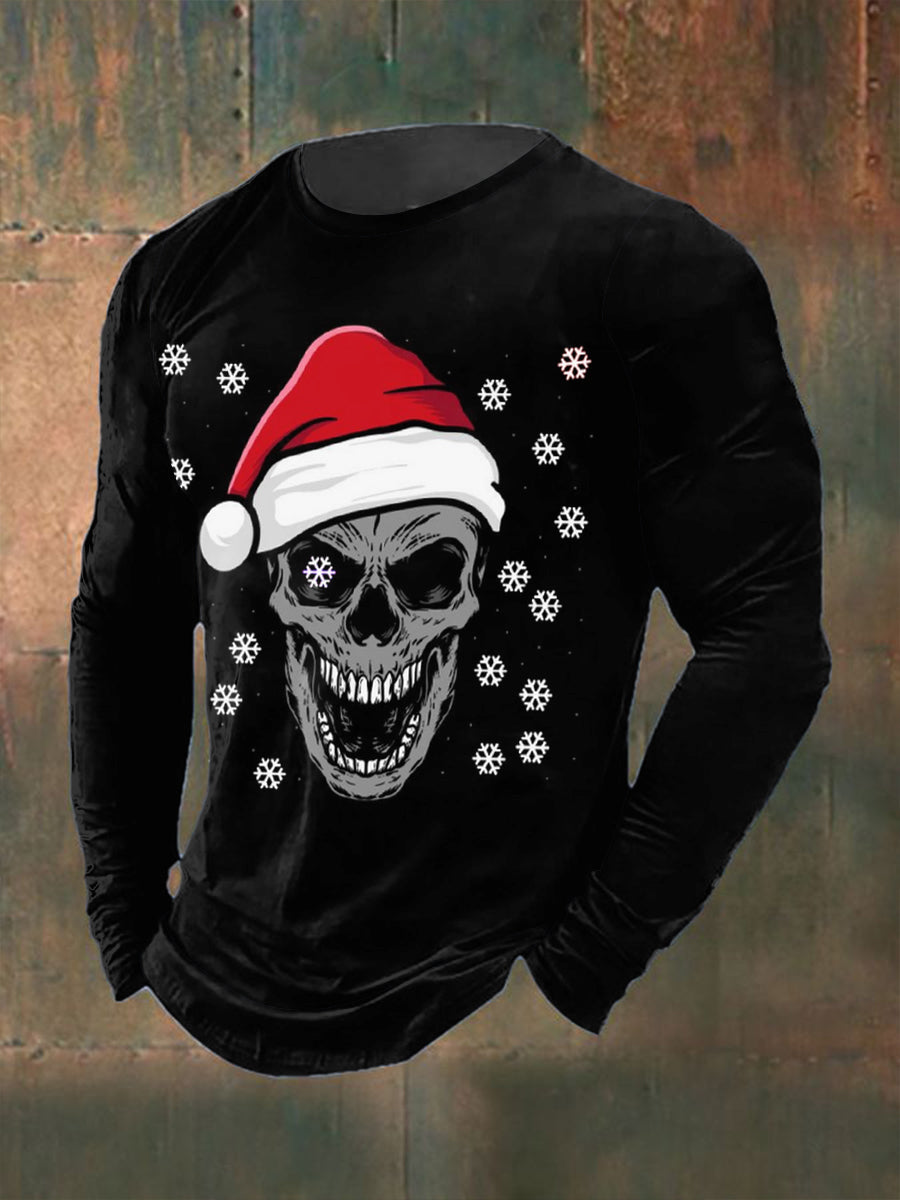 Men's Gothic Christmas Printed Long Sleeved Round Neck T-shirt
