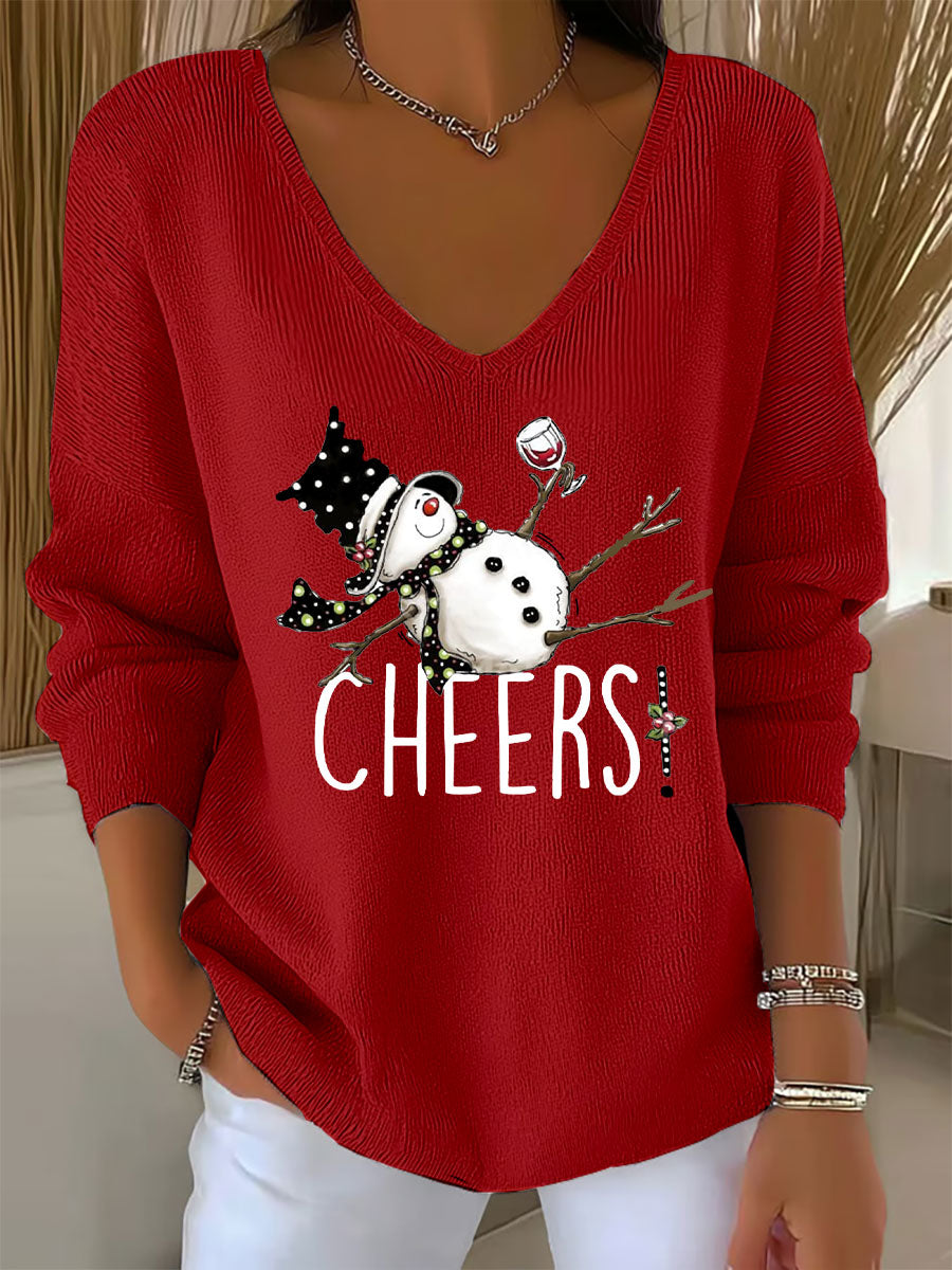 Women's Snowman Wine Glass Print Casual Top