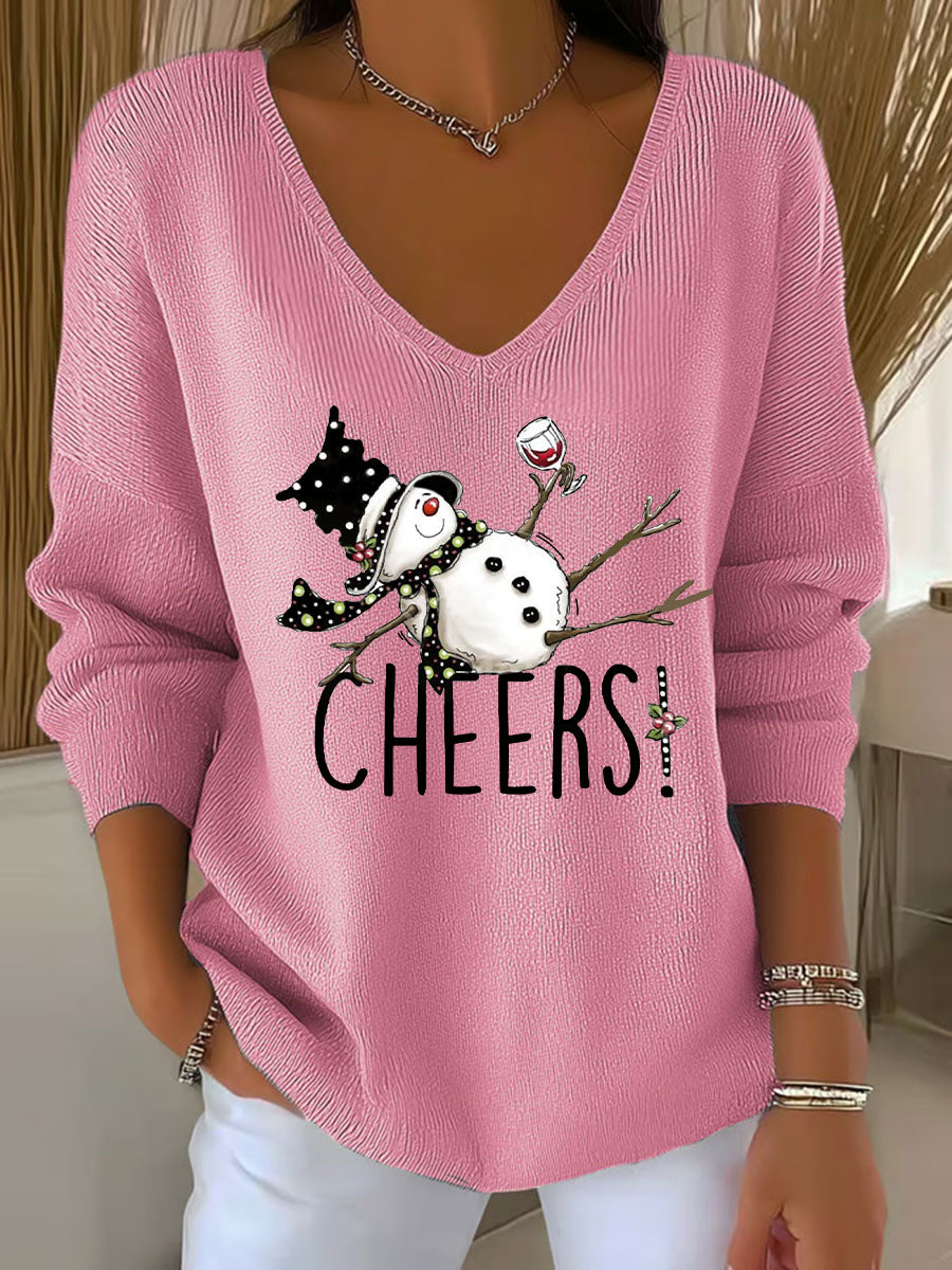 Women's Snowman Wine Glass Print Casual Top