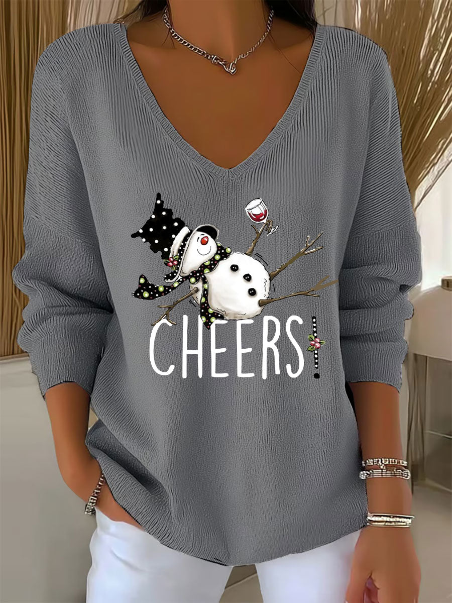 Women's Snowman Wine Glass Print Casual Top