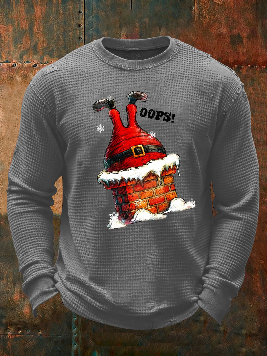 Men's Funny Santa Claus stuck in the chimney Print Waffle Long Sleeve T-Shirt