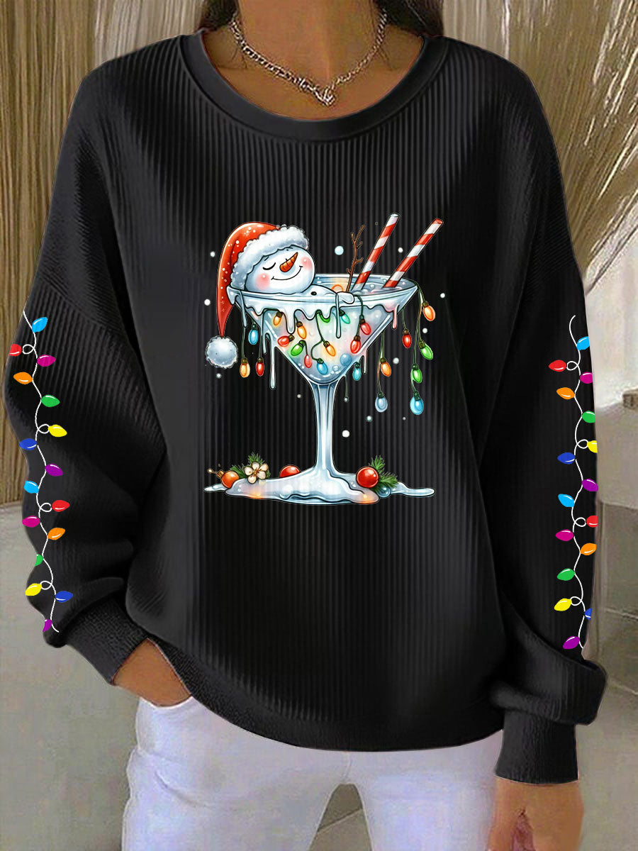 Women's Snowman Wine Glass Print Casual Sweatshirt