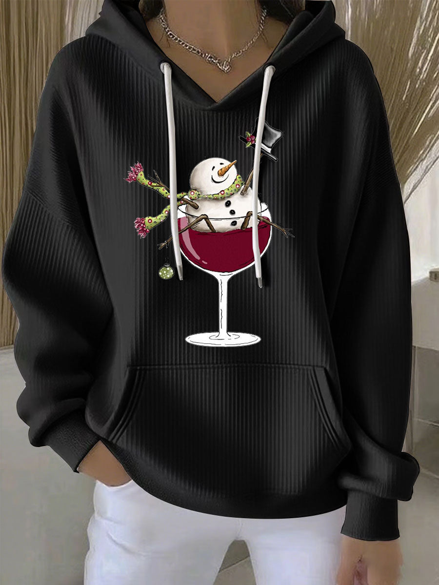 Women's Snowman Wine Glass Print Casual Hoodie