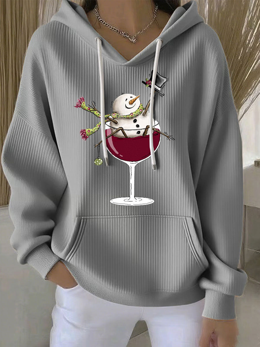 Women's Snowman Wine Glass Print Casual Hoodie