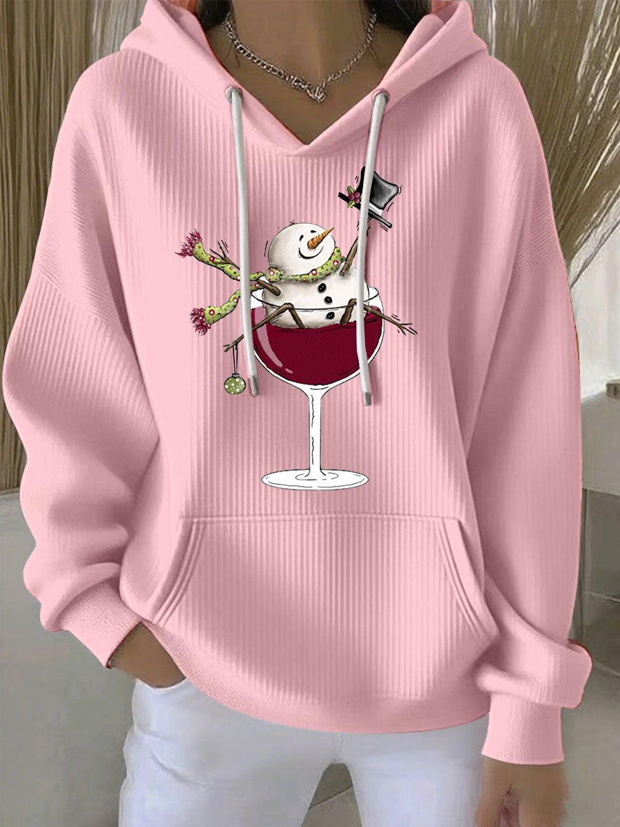 Women's Snowman Wine Glass Print Casual Hoodie